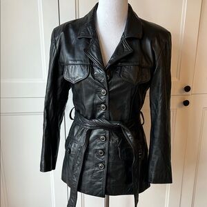 Vintage Black Leather Belted Jacket